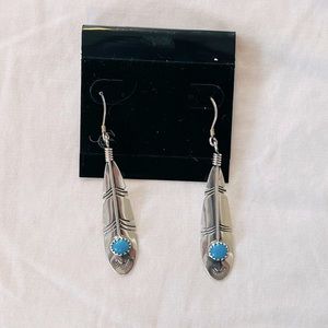 Handmade, Native American sterling silver and turquoise feather earrings.